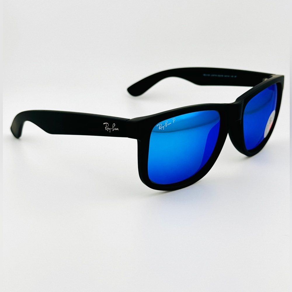 Ray-Ban Justin Sunglasses RB4165 Matte Rubber Black Frame Blue Mirror Lenses - Picture 9 of 15